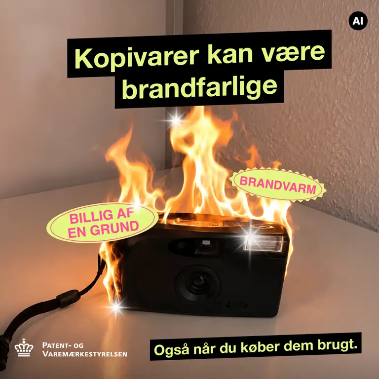 Billede med budskabet: Kopivarer kan være brandfarlige
